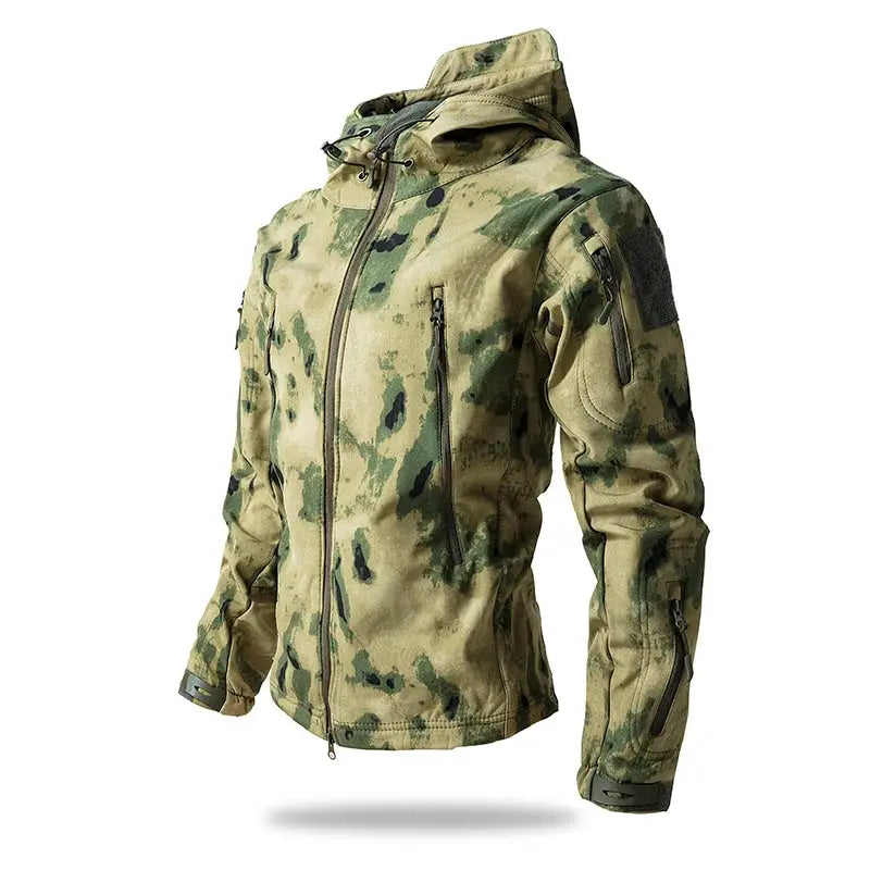 Lurker Shark Skin Soft Shell Tactical Jacket for men, woodland camouflage, hooded and waterproof