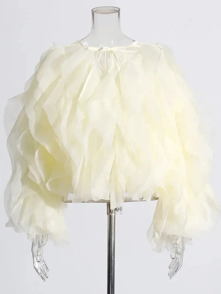 Twotwinstyle Elegant Patchwork Ruffles Chiffon Blouse O Neck Lantern