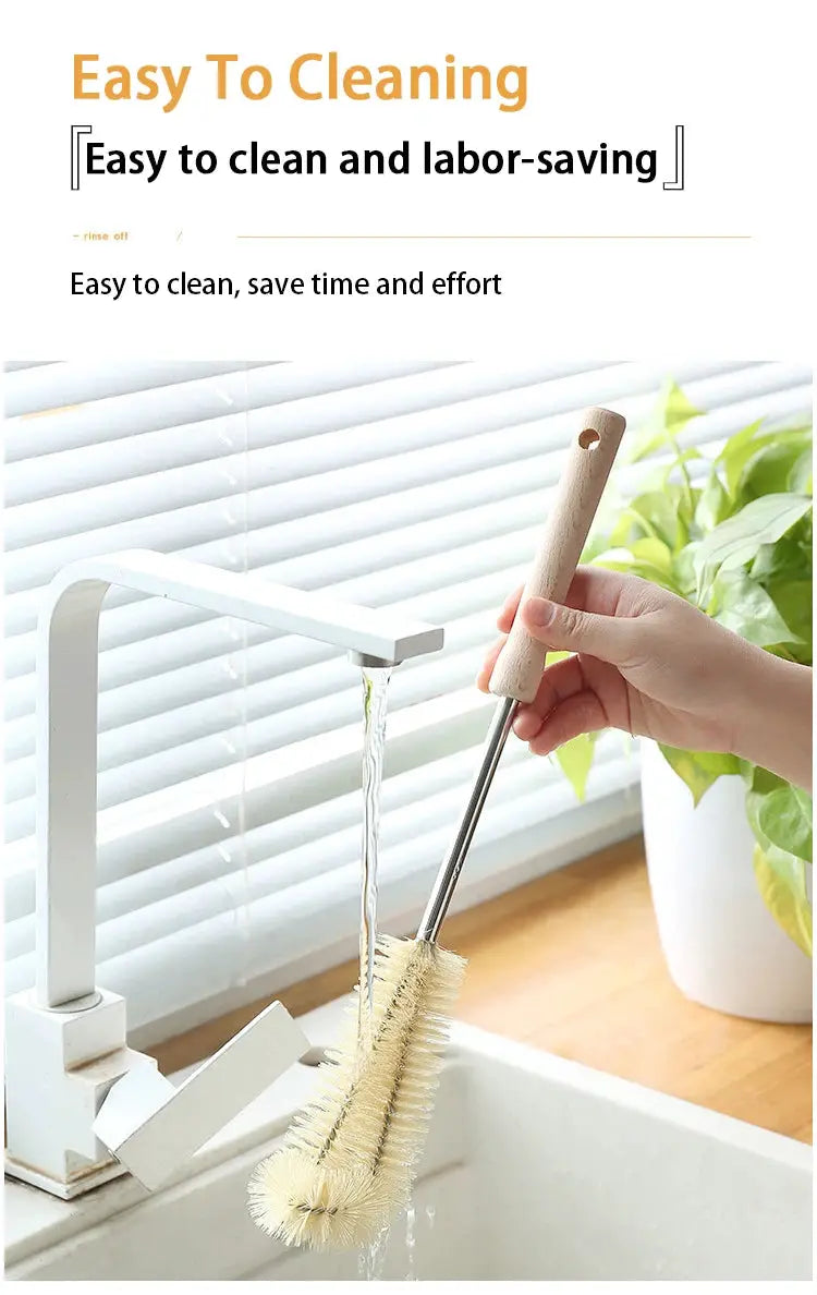 Wooden bottle cleaning brush with long handle by Simples Market; cylindrical bristle head for glass/stainless bottles