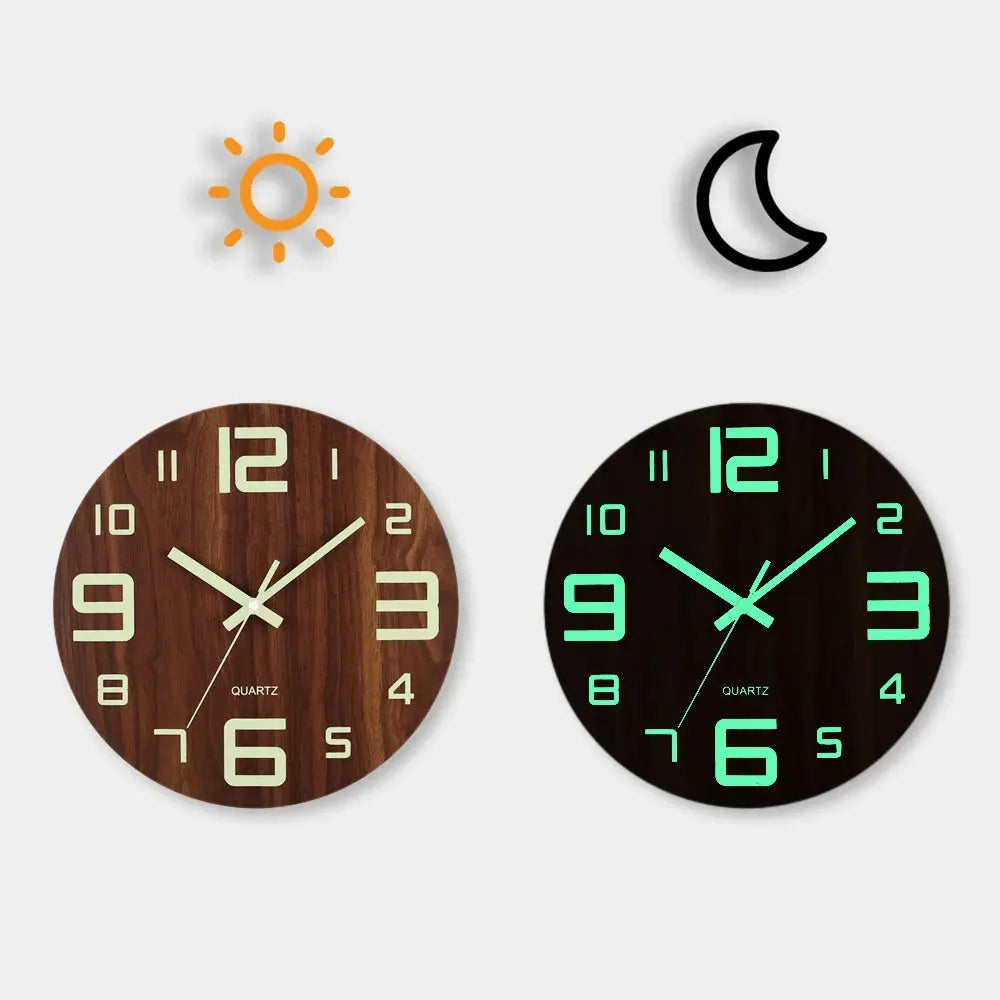 Set of 2 luminous wood wall clocks, brown and dark finishes with cream and green glow-in-the-dark numerals.