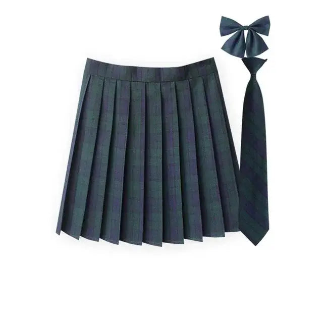 Simples Market women's plaid pleated JK skirt with necktie and bow, dark green/navy plaid