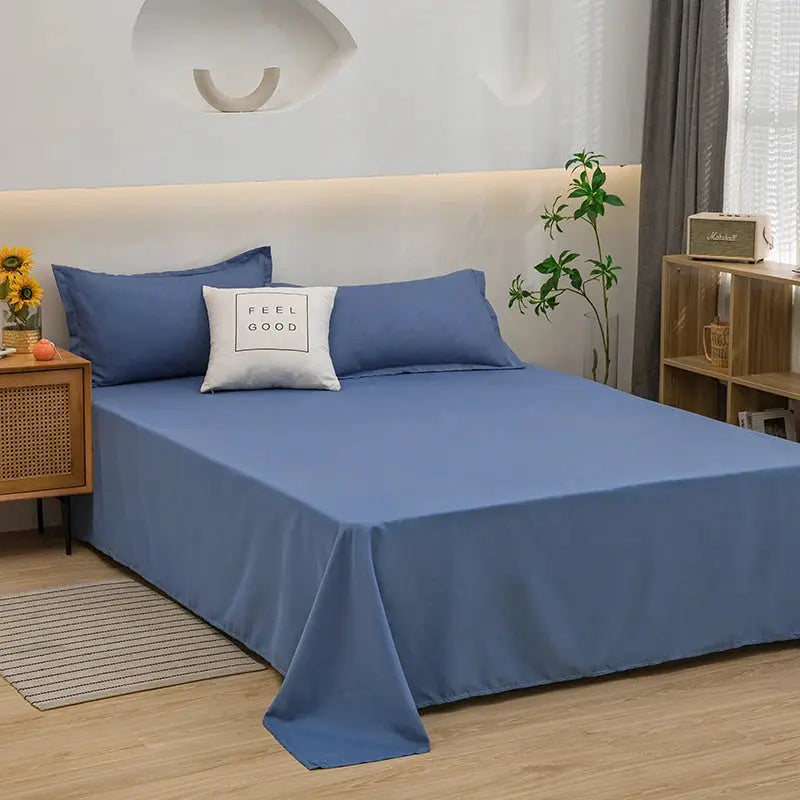Simples Market blue bed flat sheet for double bed with matching pillowcases