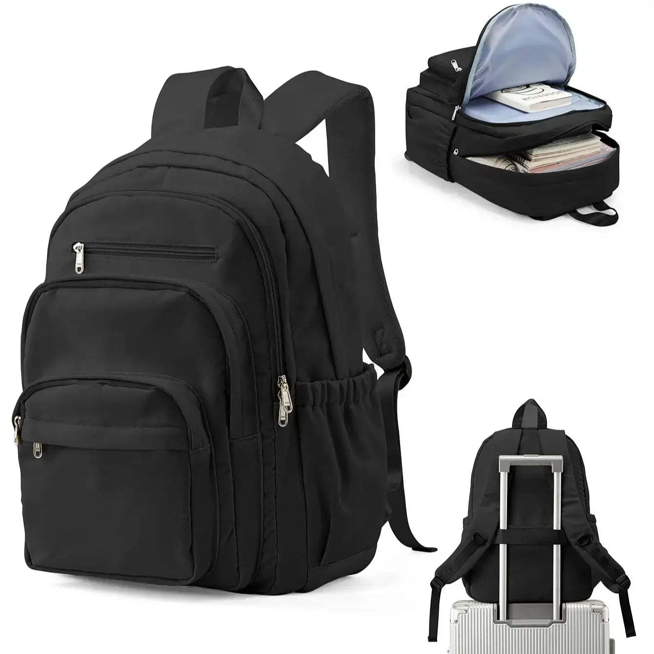 Black multipocket school backpack for kids and teens with front and side pockets
