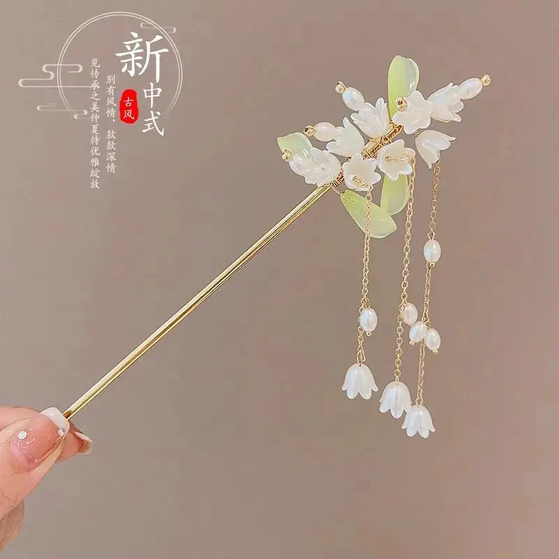 Elegant Chinese Style Romantic Enameled Flower Tassel Hair Clip Alloy Jewelry Hairpin For Women Fashion Accessory