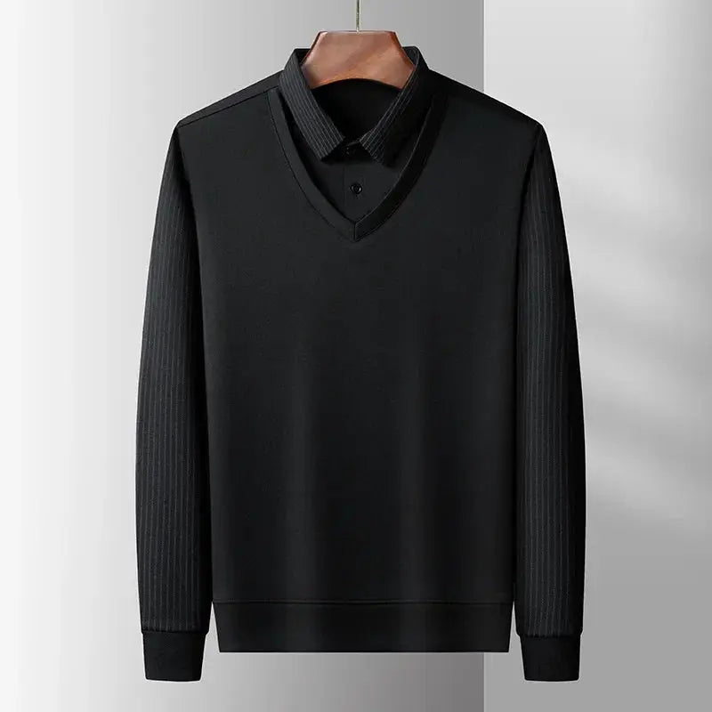 Men's black long-sleeve polo top with faux two-piece layered design
