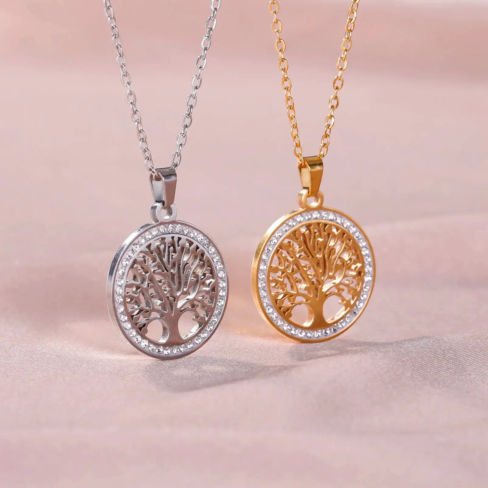 Skyrim Tree Of Life Necklace For Women Stainless Steel Gold Color Clear Zircon Round Pendant Luxury Wedding Gift - Simples Market