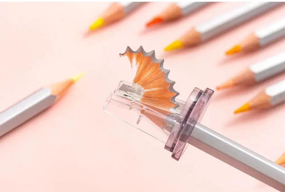 Kawaii cat paw pencil sharpener by Simples Market; clear housing with pink guard beside pastel pencils