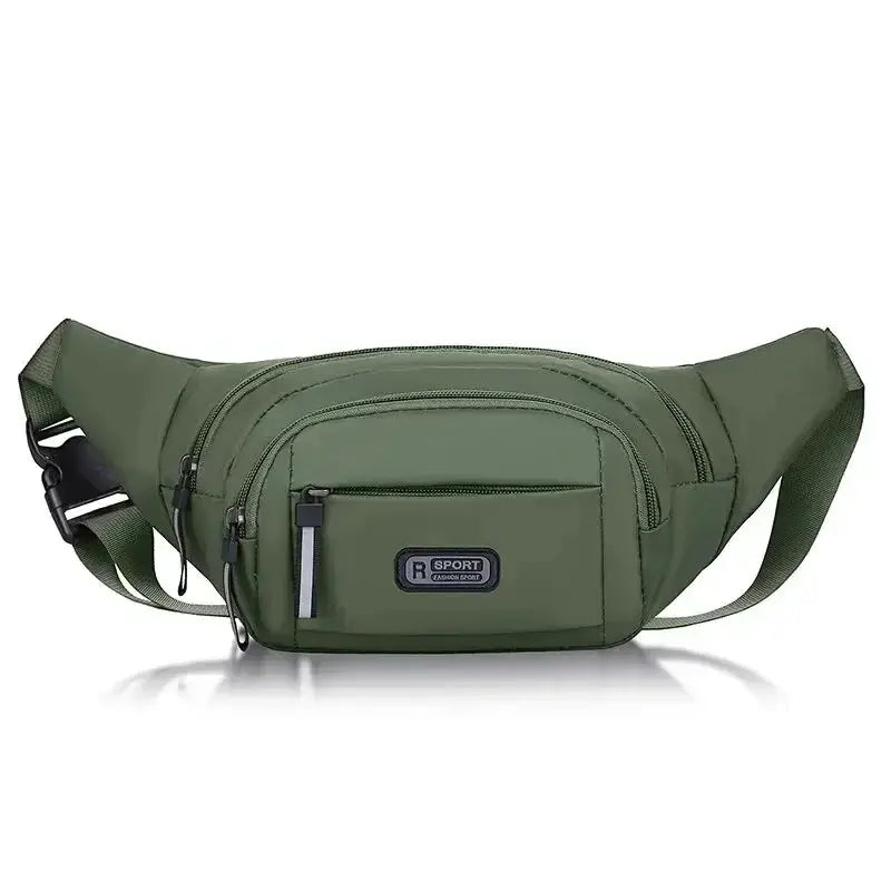 Men's olive green canvas waist pack with multi-zip pockets and adjustable strap; unisex fit, R SPORT logo.
