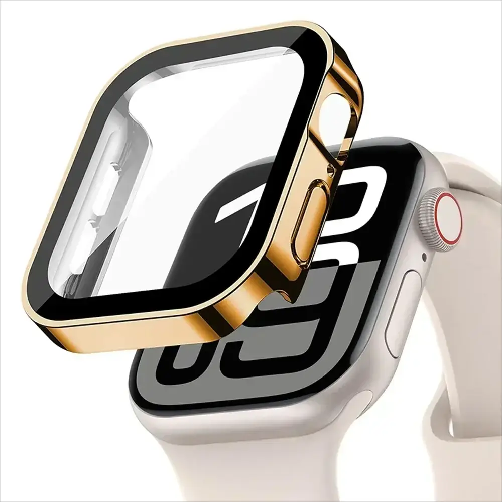Apple Watch tempered glass screen protector with gold bumper fits 40–46mm Series 4–9 and SE