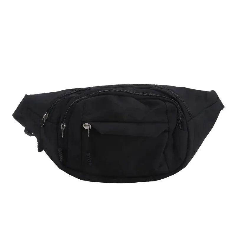 Waist bag in black with multiple zip pockets, large-capacity, water-resistant nylon, adjustable belt.
