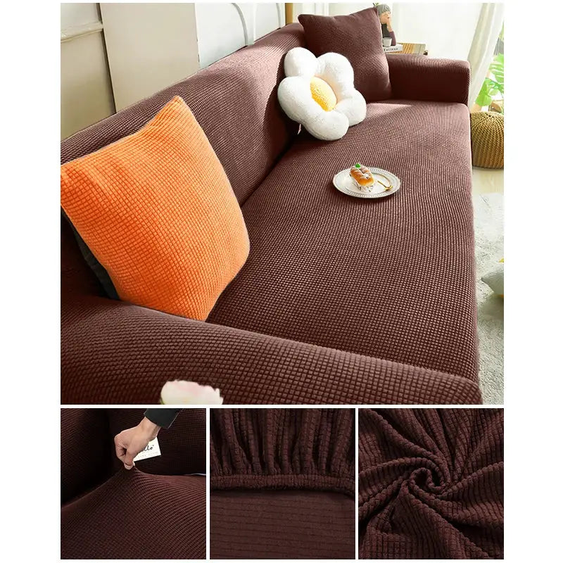 Simples Market elastic jacquard sofa cover for L-shaped sectional in burgundy, couch slipcover.