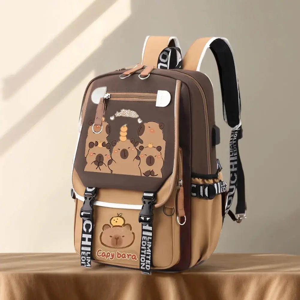 Capybara backpack with pencil case by Simples Market, brown/tan with kawaii animal print, lightweight daypack