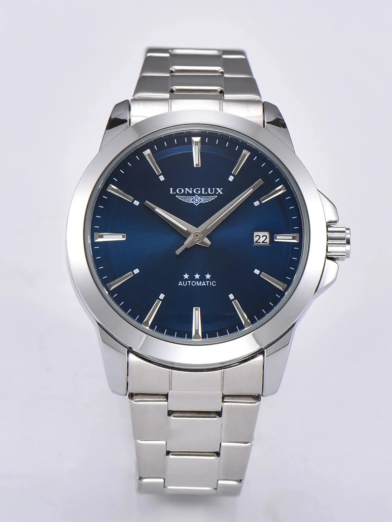 Men's automatic watch by Longux with stainless steel bracelet, blue dial and date window