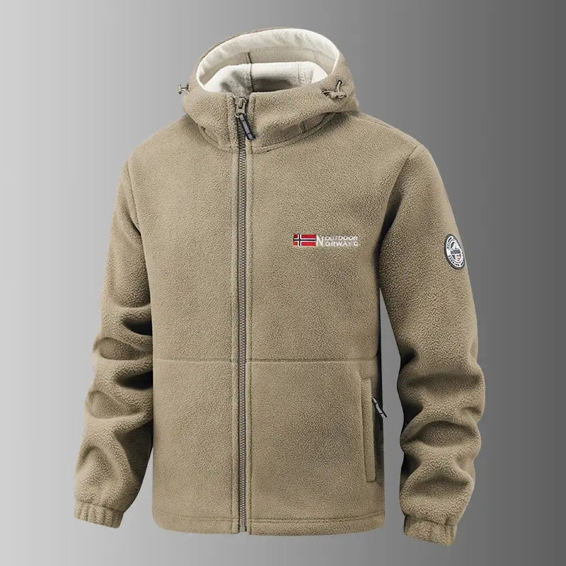 Men's beige fleece hooded jacket with front zip and Norwegian flag patch