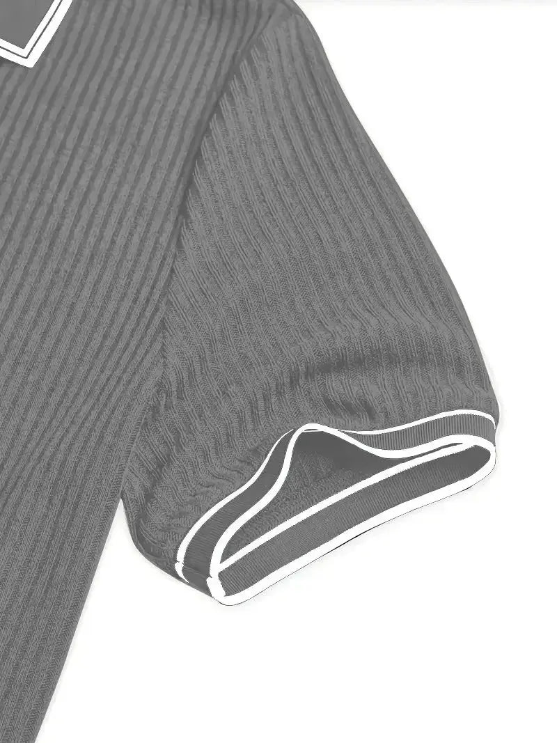 Men's short-sleeve polo shirt in solid gray with ribbed knit fabric and white piping along sleeve edge