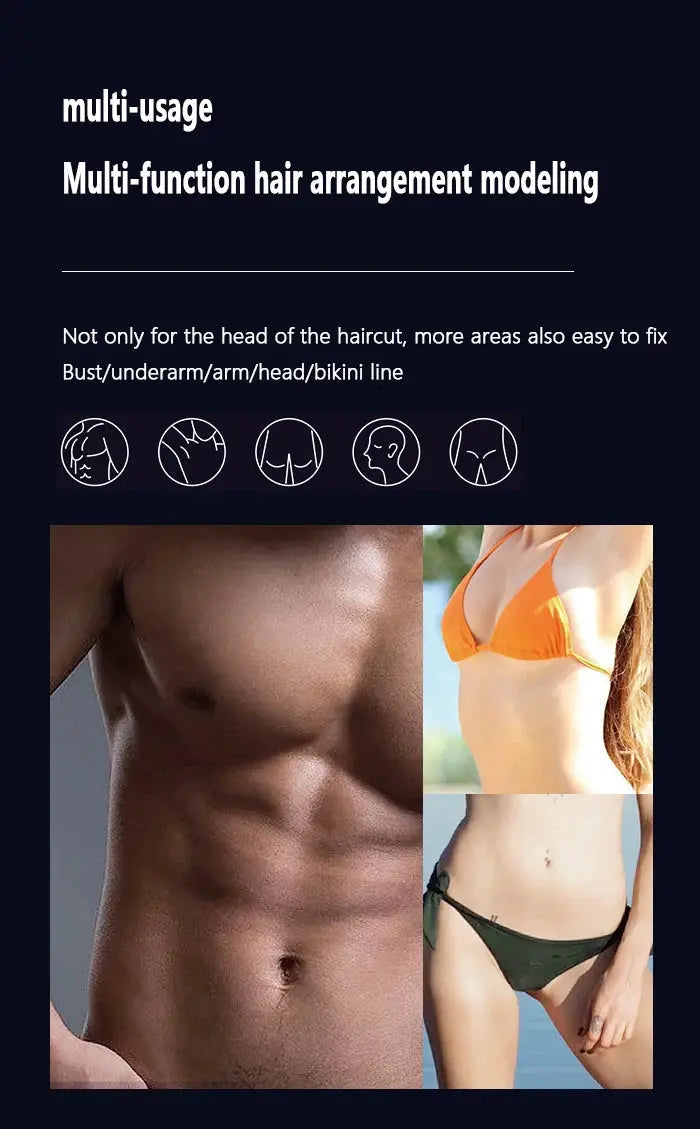 Kemei KM-1838 groin area hair trimmer product collage with male abs and bikini-clad models