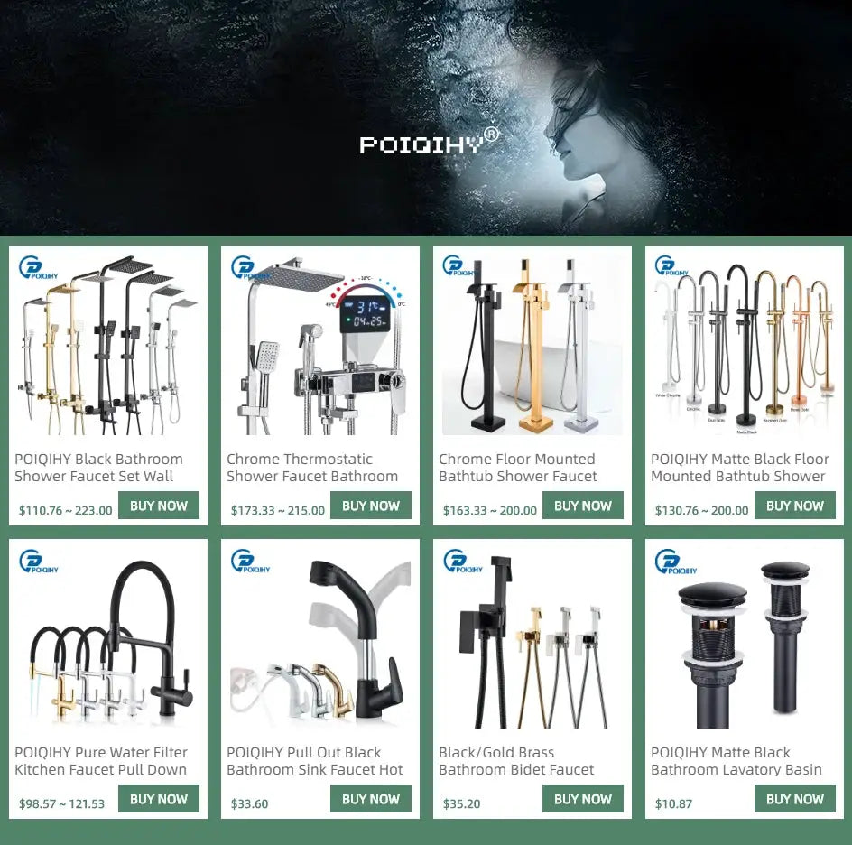Bathroom faucet collection collage; 9 POIQIHY taps in black, brushed gold, and chrome finishes.