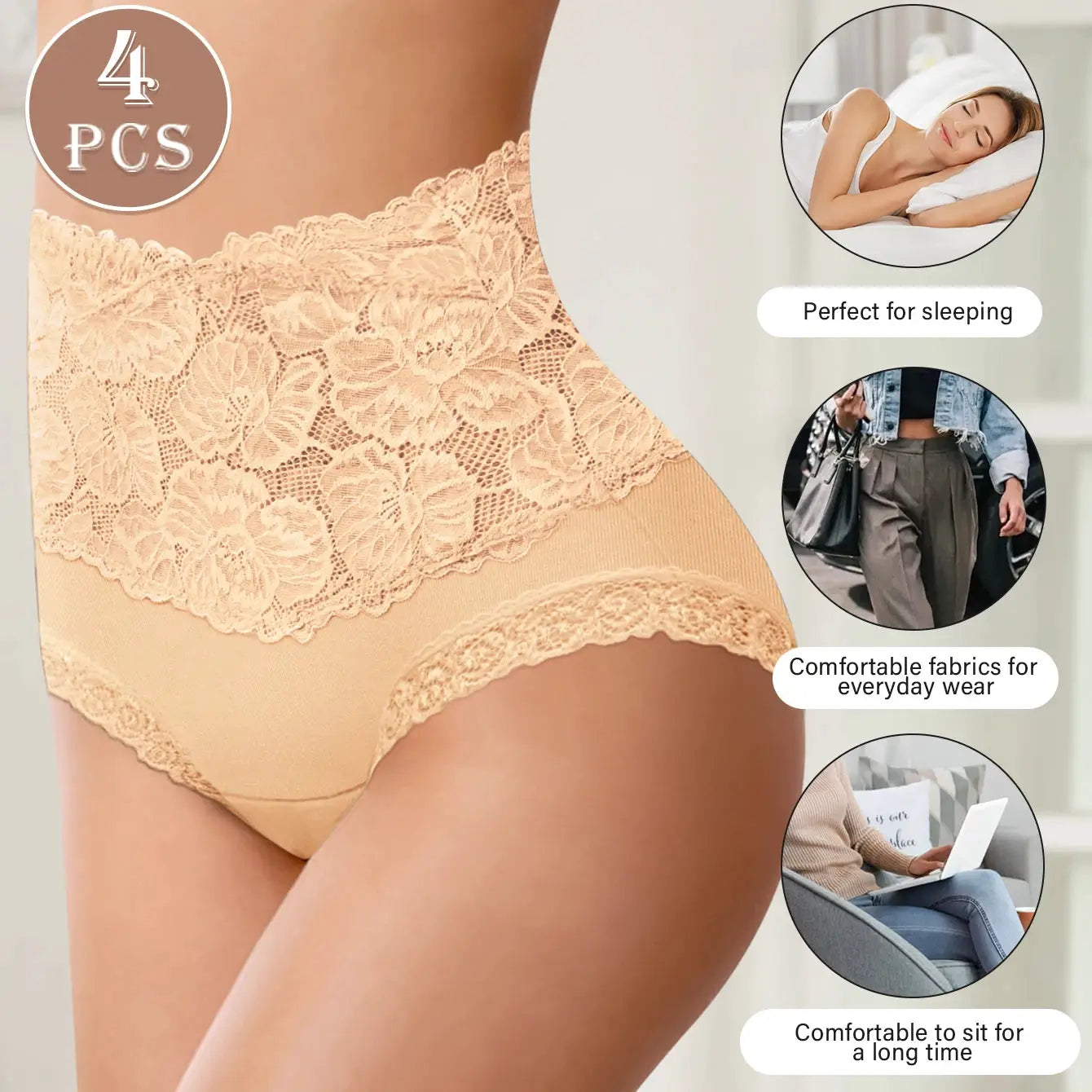 4pcs high-waisted panties set in peach lace with floral jacquard, skin-friendly cotton