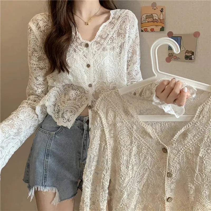 Two-piece white lace set: blouse with long sheer sleeves and matching cardigan, vintage summer top