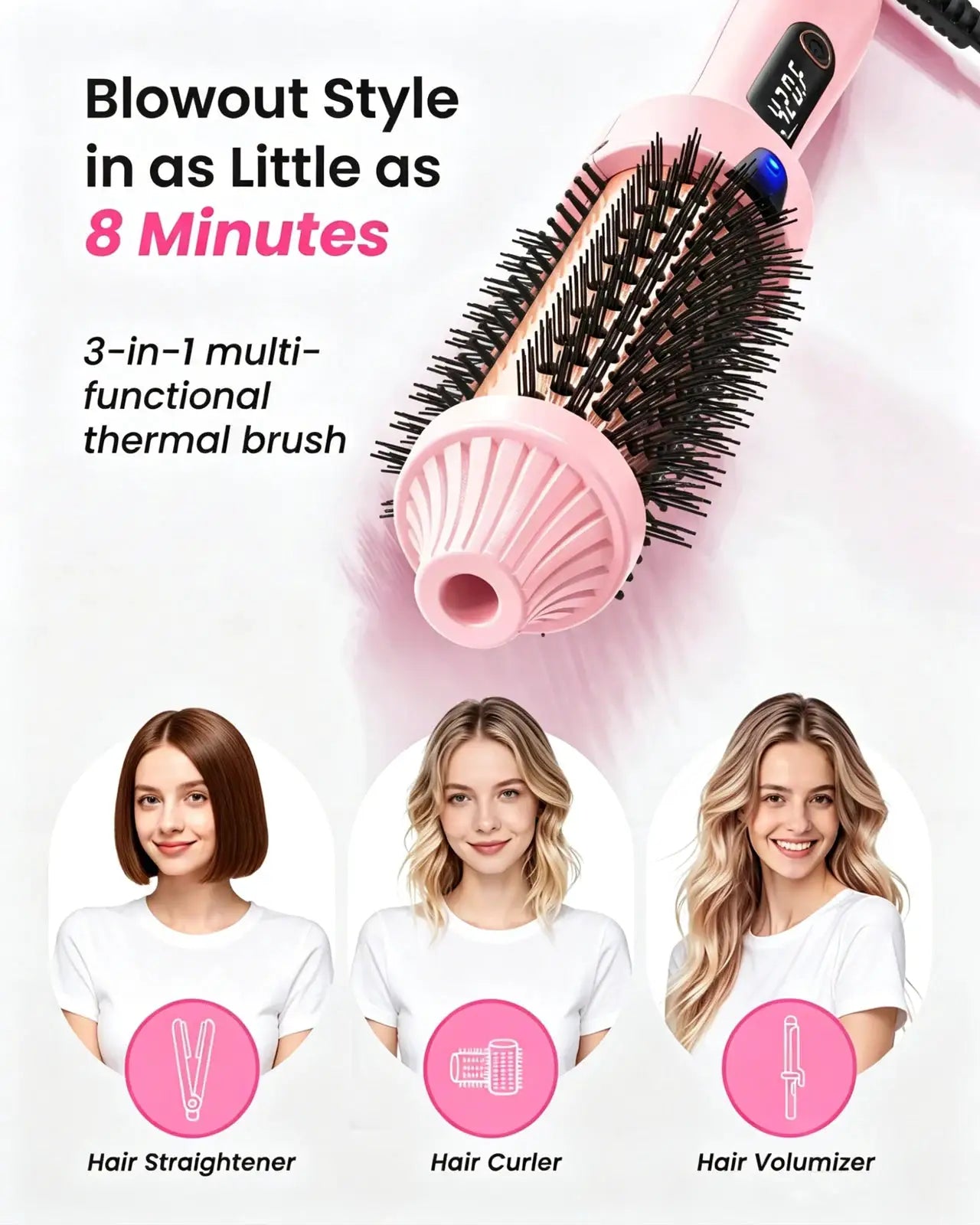 Thermal Brush Blowout Boost 1.5-inch heated round brush Simples Market; pink, 3-in-1 with dual voltage and 6 temps.