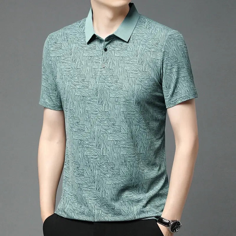 Simples Market men's polo shirt, teal geometric print, short sleeves, breathable casual fit