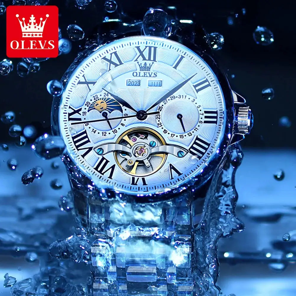 OLEVS 7013 men's watch with moon-phase display and skeleton flywheel