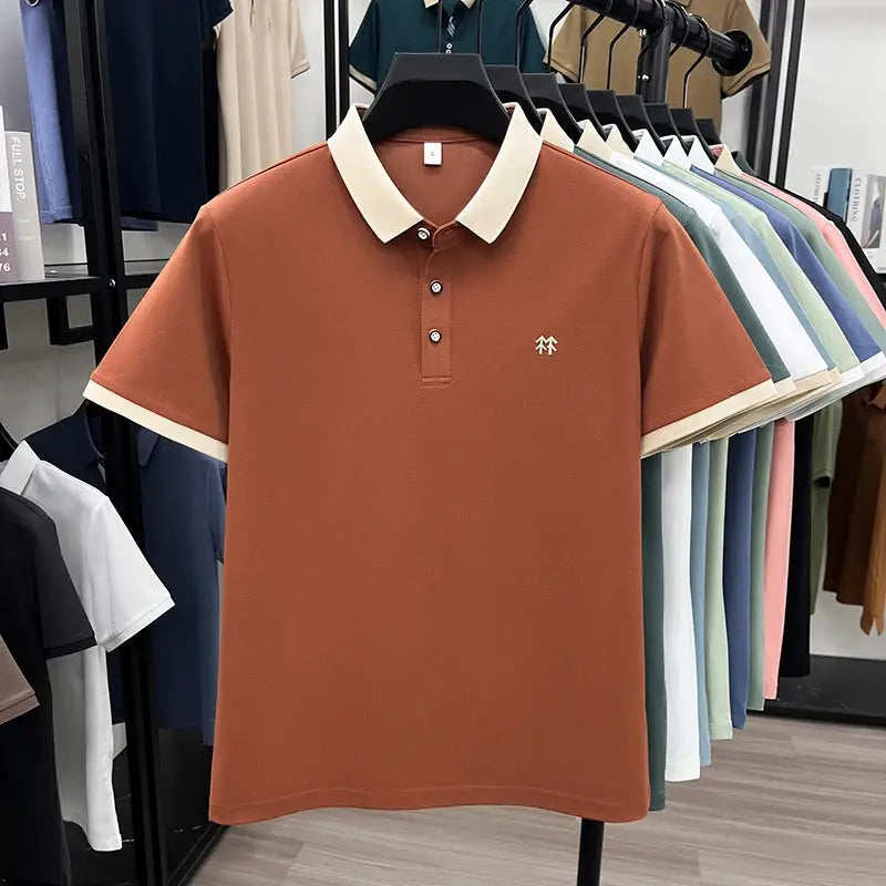 Simples Market men's silk-cotton polo shirt in rust with cream collar and cuffs, soft breathable chest palm logo