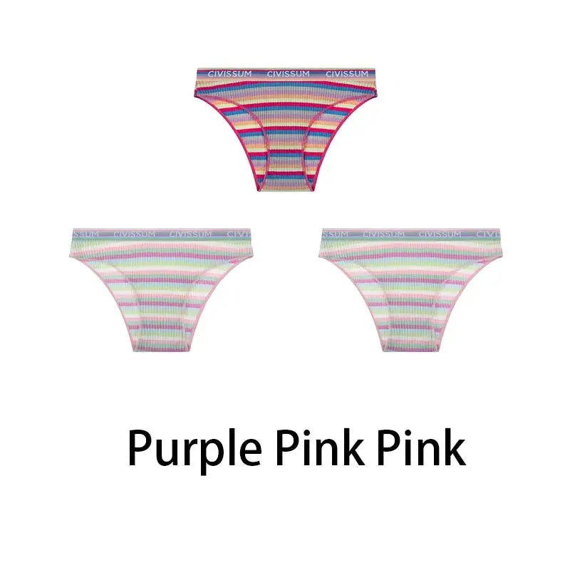 3pc set of women's cotton low-waist hipster panties in rainbow stripes, Simples Market