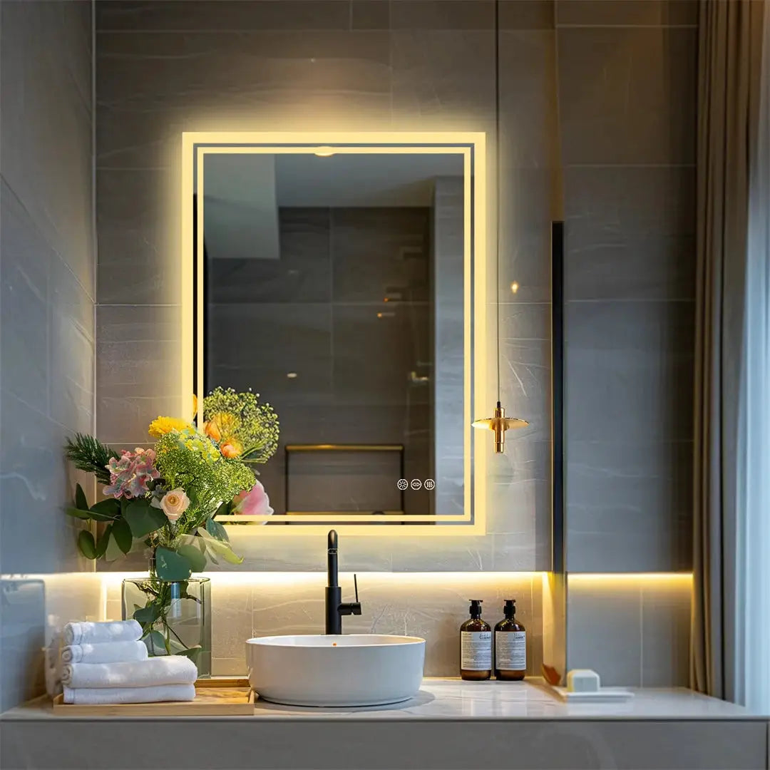 LED backlit frameless bathroom mirror with dimmable defog lighting by Simples Market