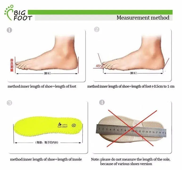 Big Foot measurement guide showing inner foot length, insole length, 45° step, and note not to measure the sole.