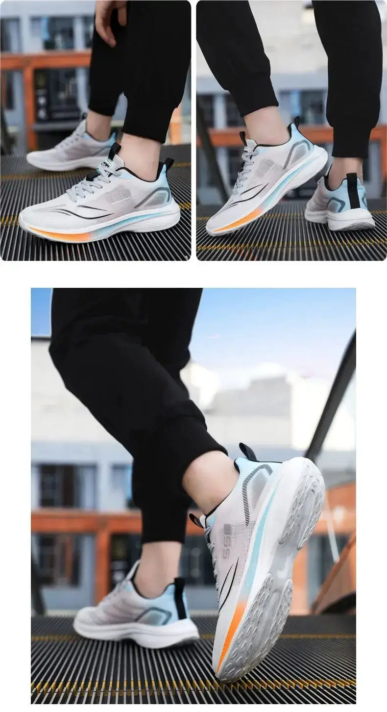 Simples Market men's running shoes, white and gray chunky sneakers with light blue accents and orange sole.