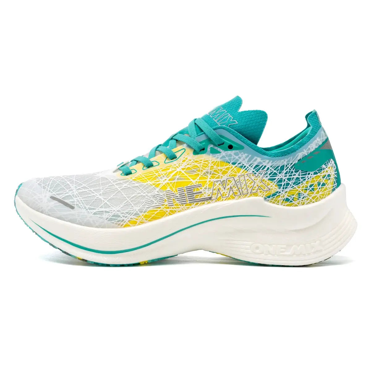 ONEMIX Marathon carbon-plate running shoe for men; teal, white and yellow upper with a thick white sole