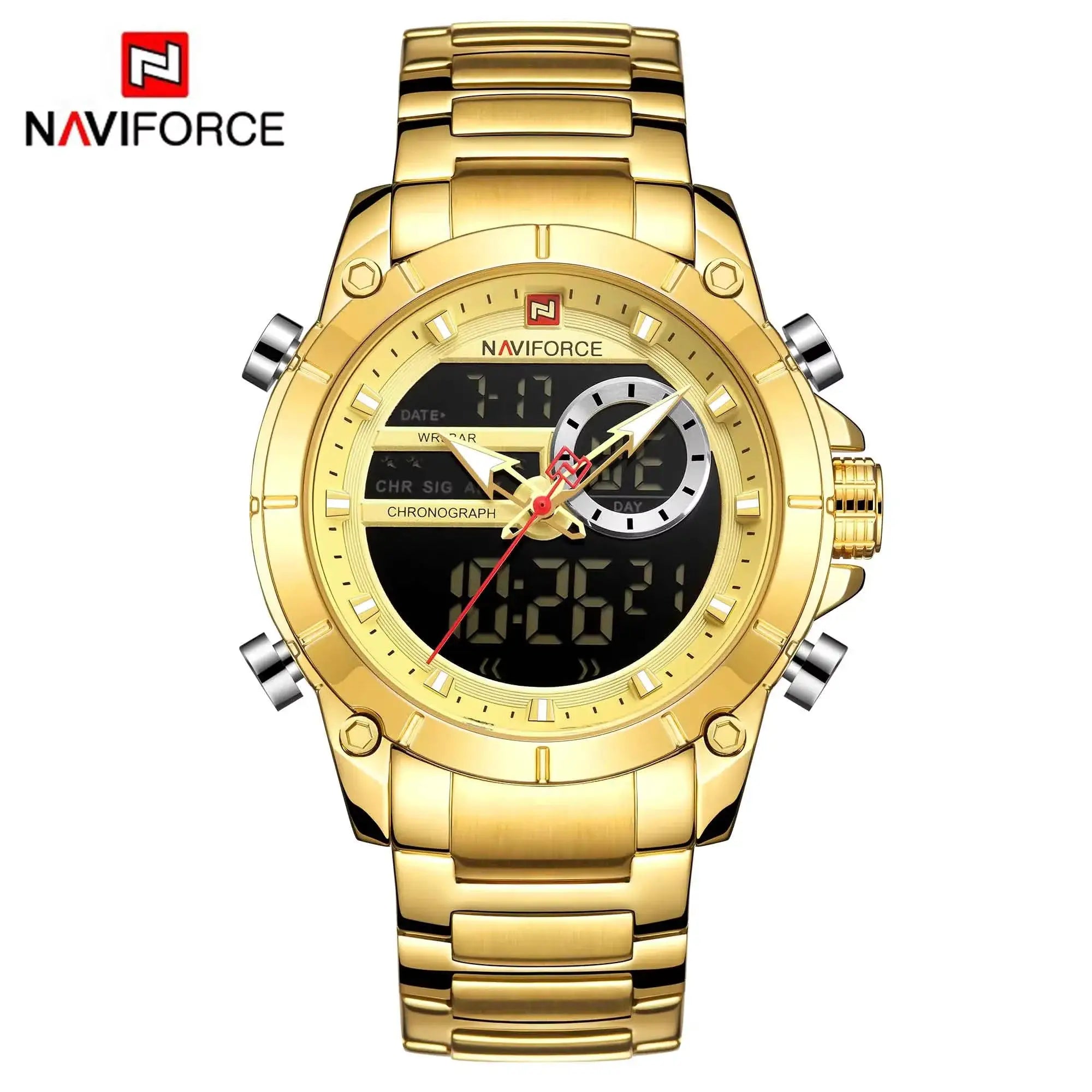 Naviforce 9163 Luxury Sport Mens Wristwatch With Dual Analog Digital Display Stainless Steel Water Resistant