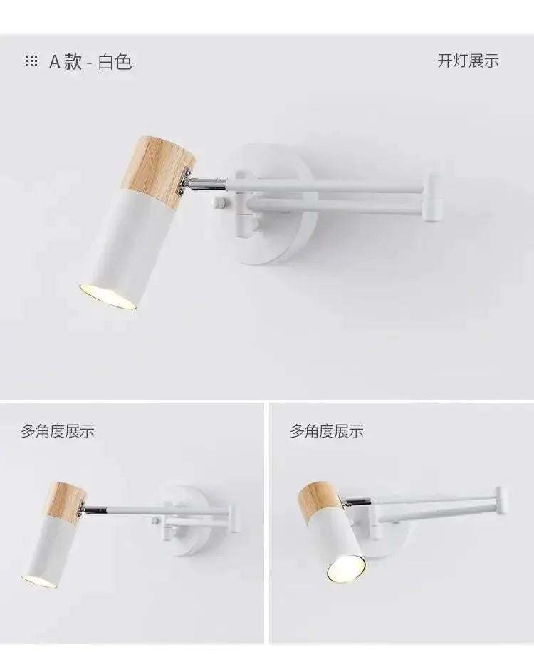 Modern white wall lamp with wood accent, Simples Market foldable telescopic reading arm