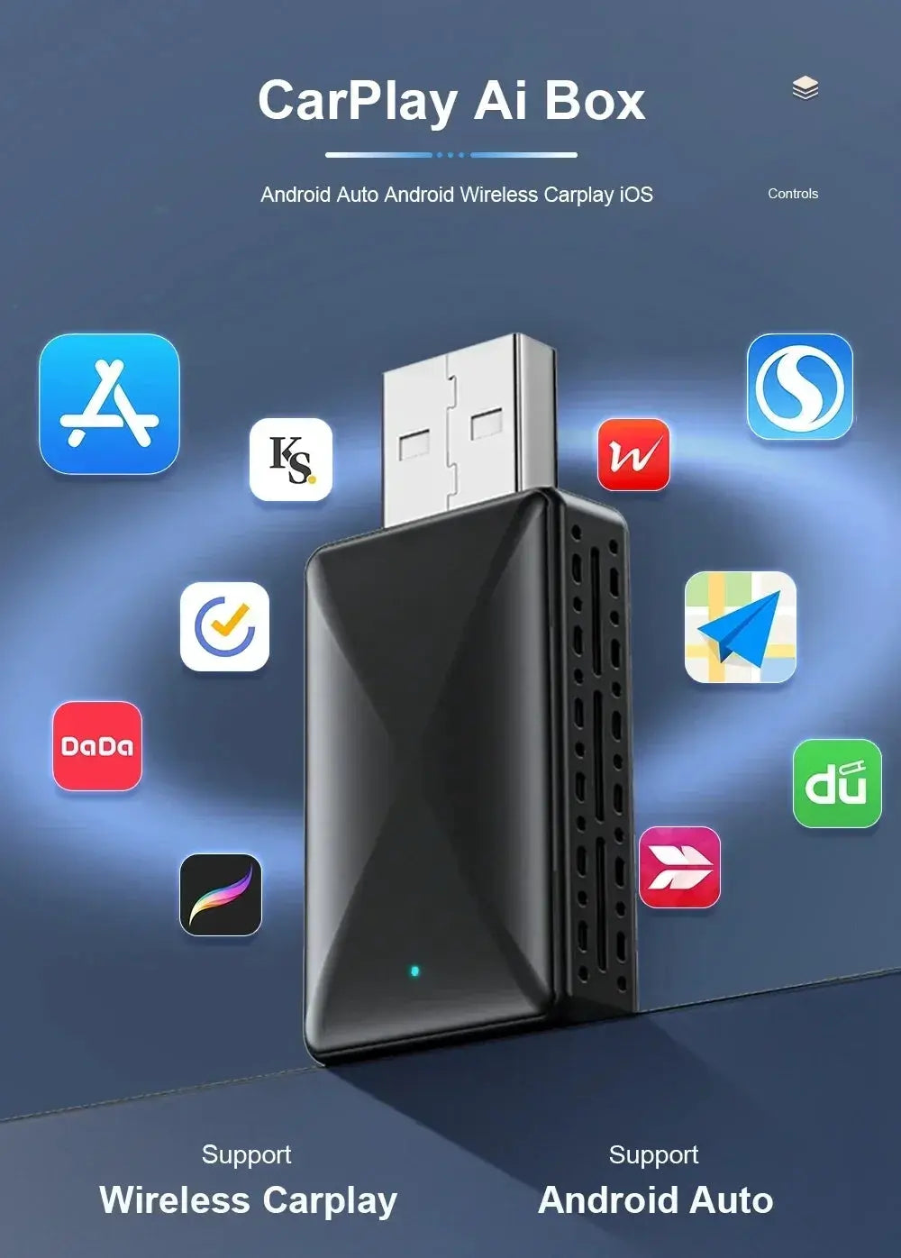 CarPlay AI Box by Simples Market 2in1 wireless adapter; black with USB plug, supports Android Auto.