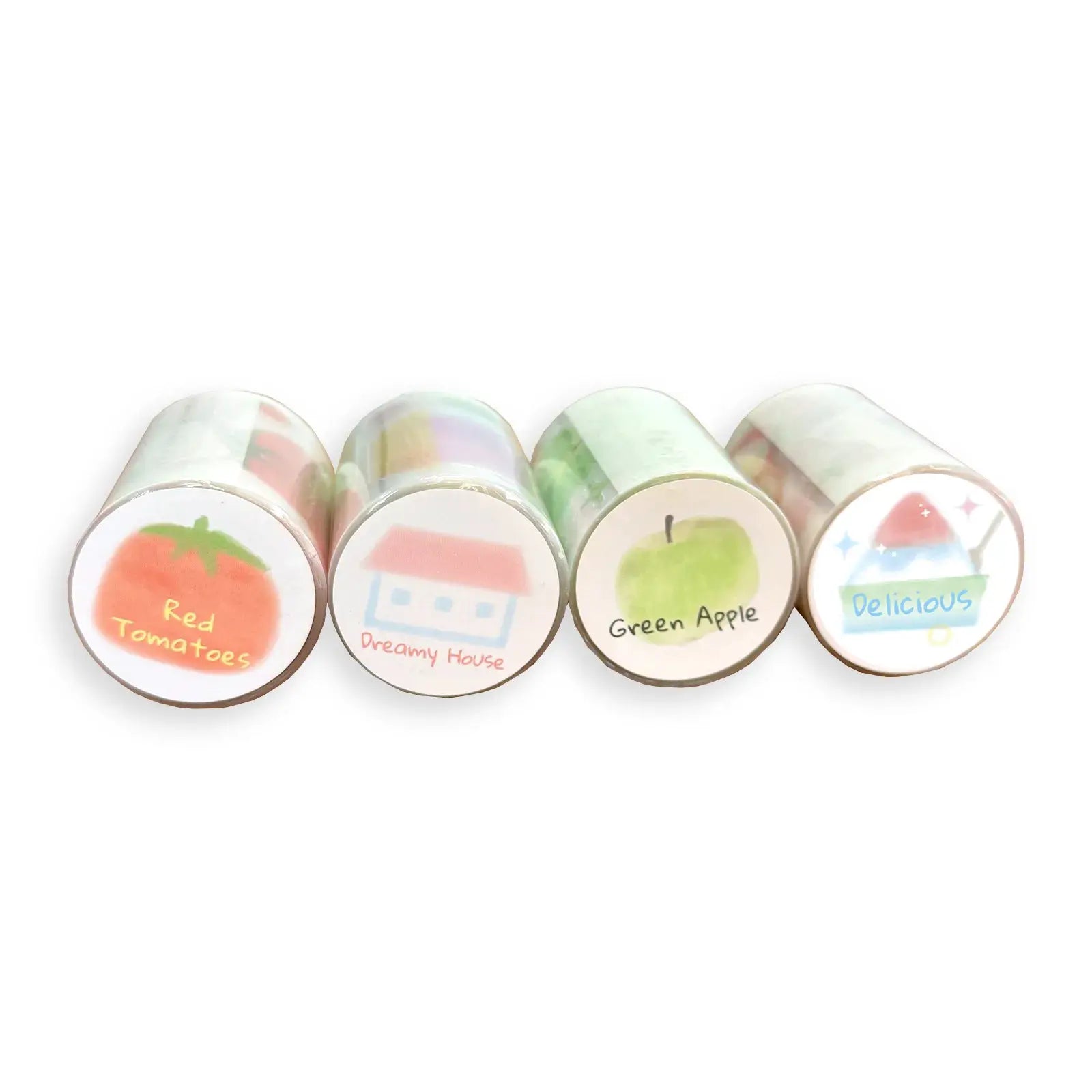 Decorative adhesive tape set of 4 pastel washi tapes with fruit and house illustrations by Simples Market