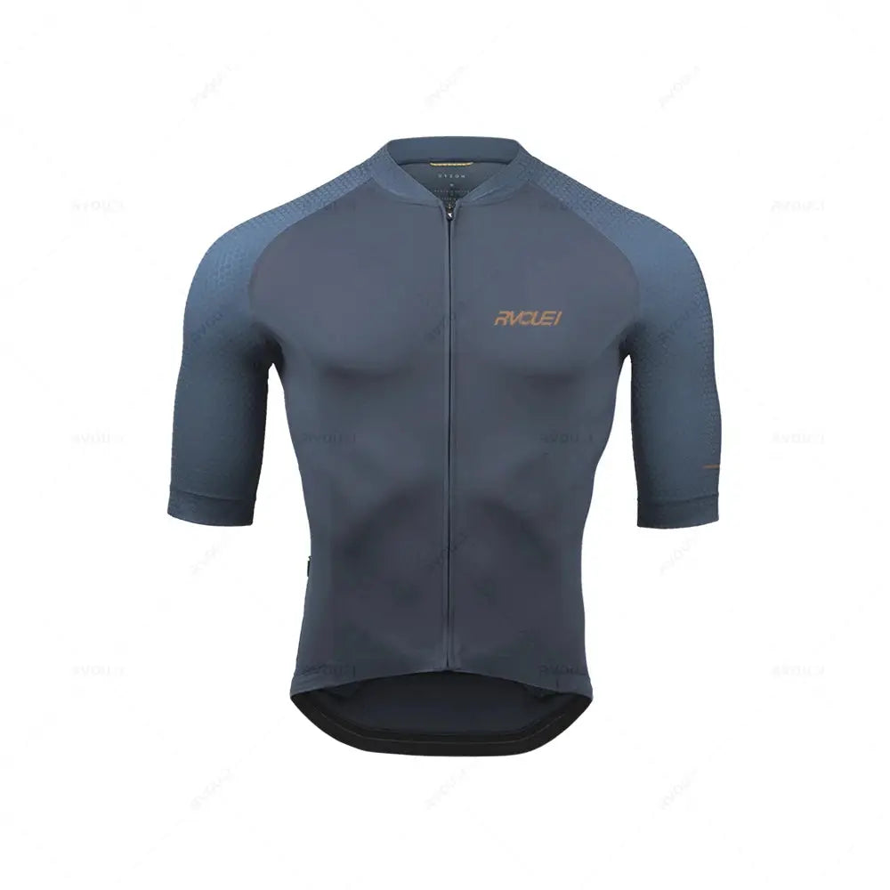 Men's blue-gray breathable cycling jersey with short sleeves and front zipper; small logo on chest.