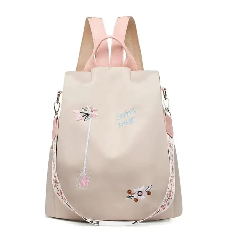 Waterproof Oxford women's backpack with embroidered floral design in beige-pink tones, large-capacity