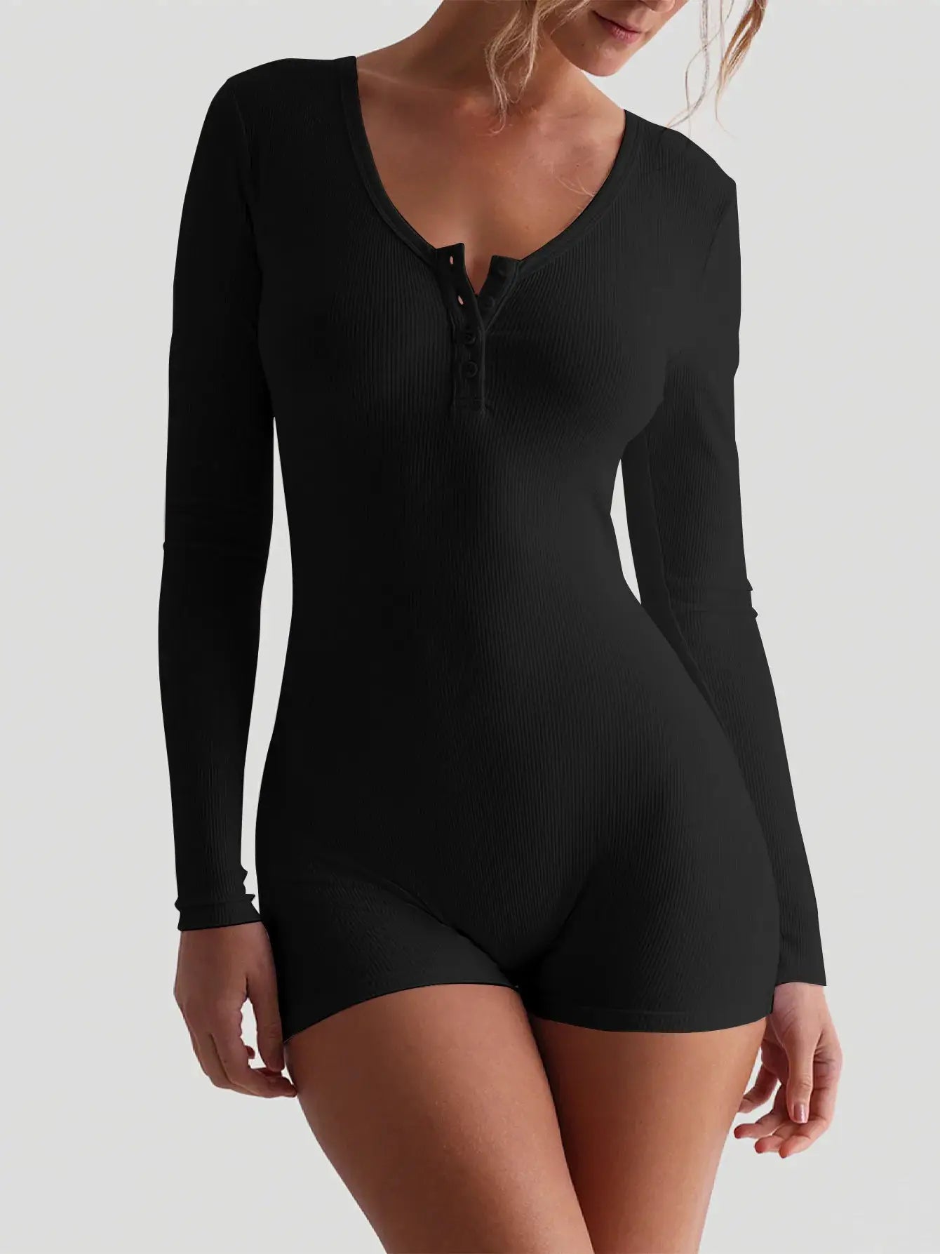 Simples Market Hugcitar black ribbed long-sleeve bodycon playsuit with square collar and button placket