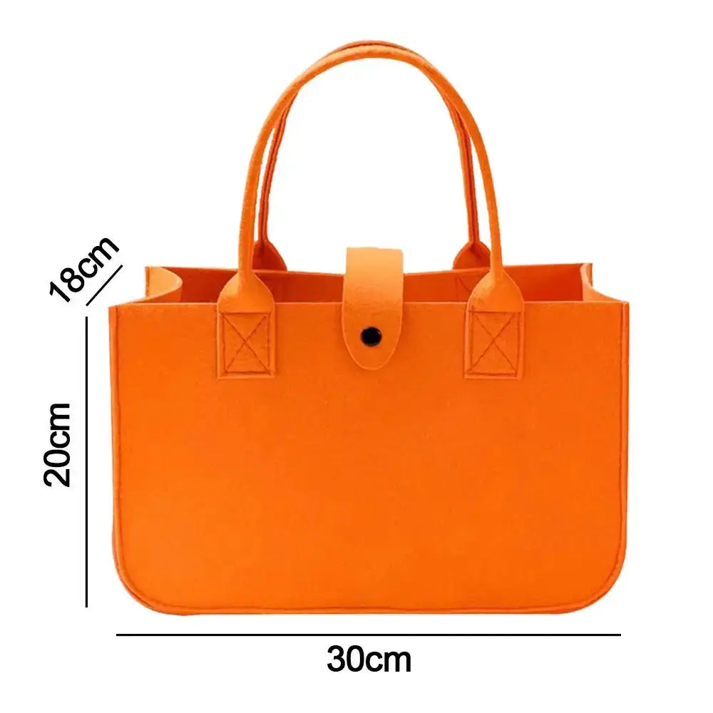 Orange felt tote bag with two top handles and a snap strap, sized 30cm x 20cm x 18cm.