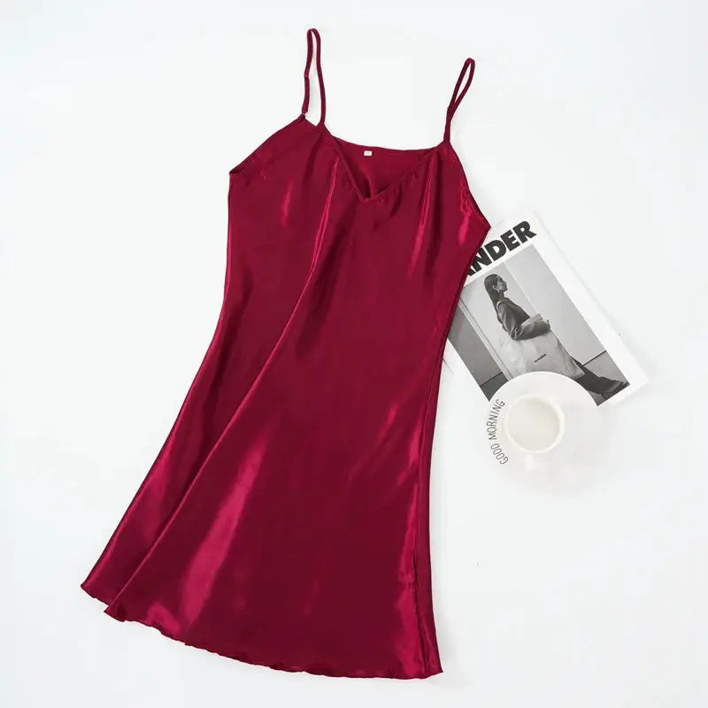 LuxeSilk Satin Nightgown Faux Silk Sleepwear Spaghetti Straps V Neck for Sleek Summer Comfort Women