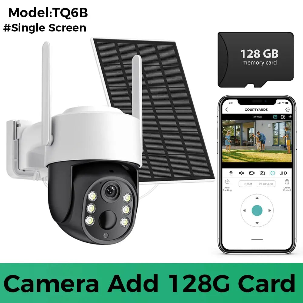 Simples Market solar WiFi security camera with built-in battery and solar panel, 8MP 4K dual-lens, includes 128GB card