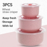 Three Piece Wheat Straw Fresh Keeping Bowls Set With Lids Microwave Safe Round Lunch Boxes For Home Use