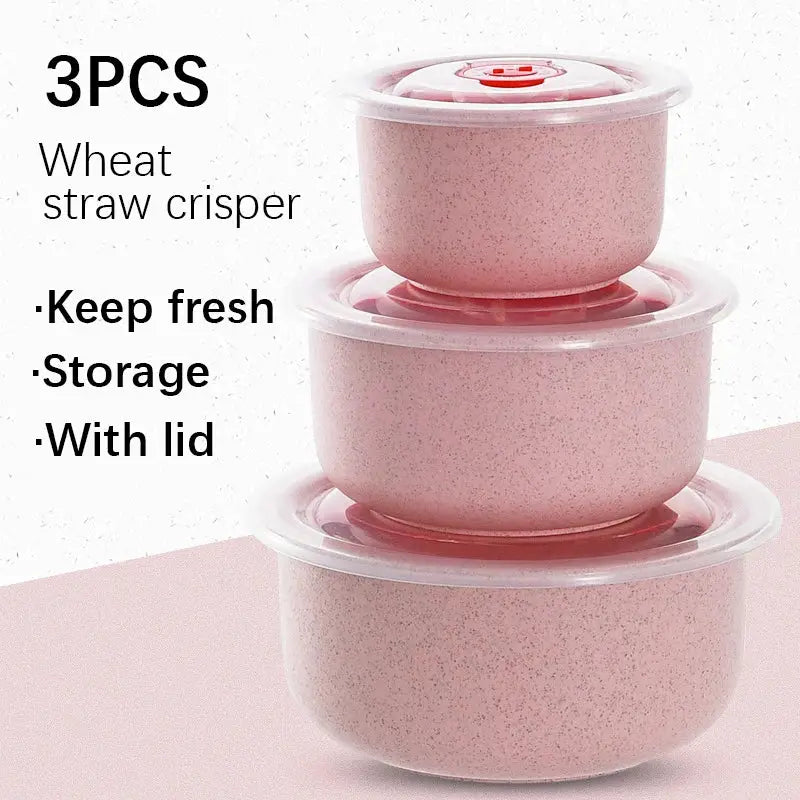 Three Piece Wheat Straw Fresh Keeping Bowls Set With Lids Microwave Safe Round Lunch Boxes For Home Use