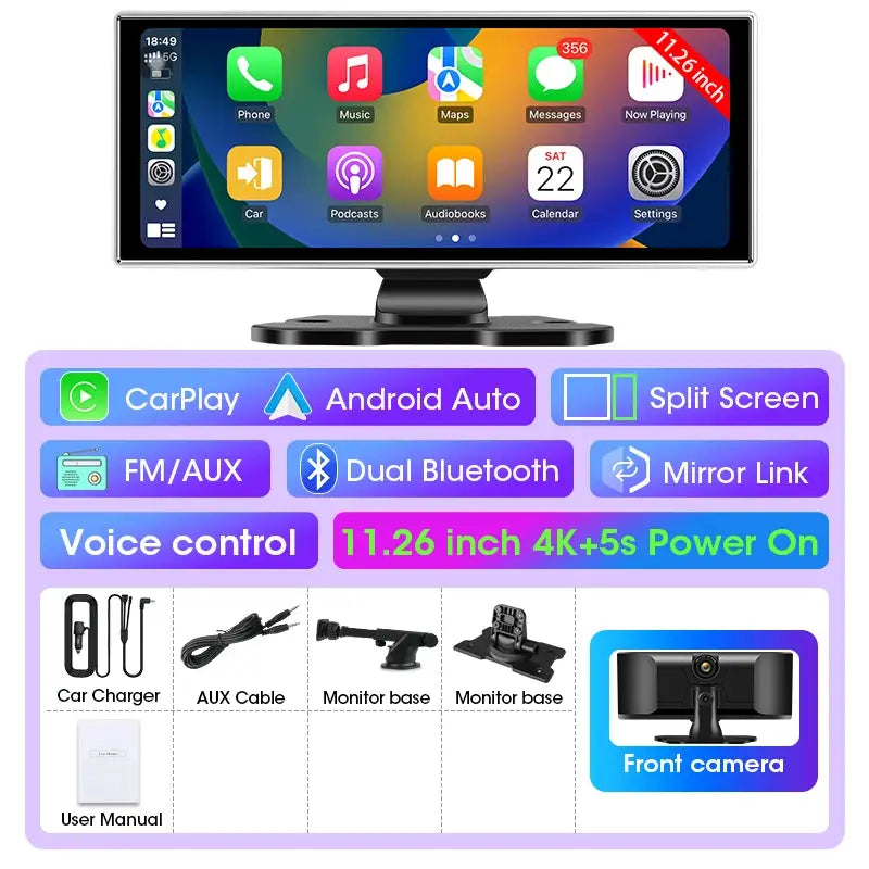 Dash Cam 4K Car DVR Wireless CarPlay Android Auto GPS Nav Dual Lens