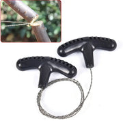 Manual rope chain saw with two black T-handle grips and braided steel wire for camping and survival