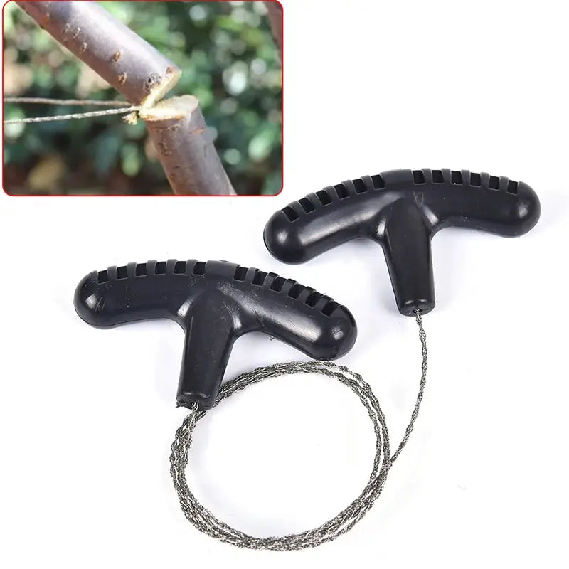 Manual rope chain saw with two black T-handle grips and braided steel wire for camping and survival