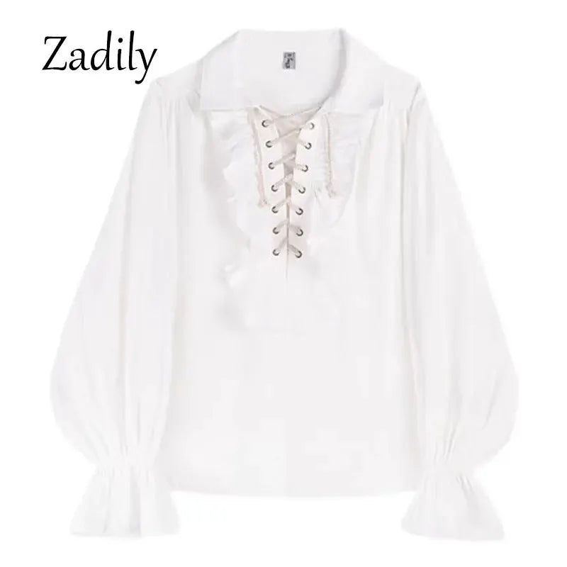 Ouji Womens Victorian Gothic Blouse Ruffled Front With Adjustable Lace Up Closure