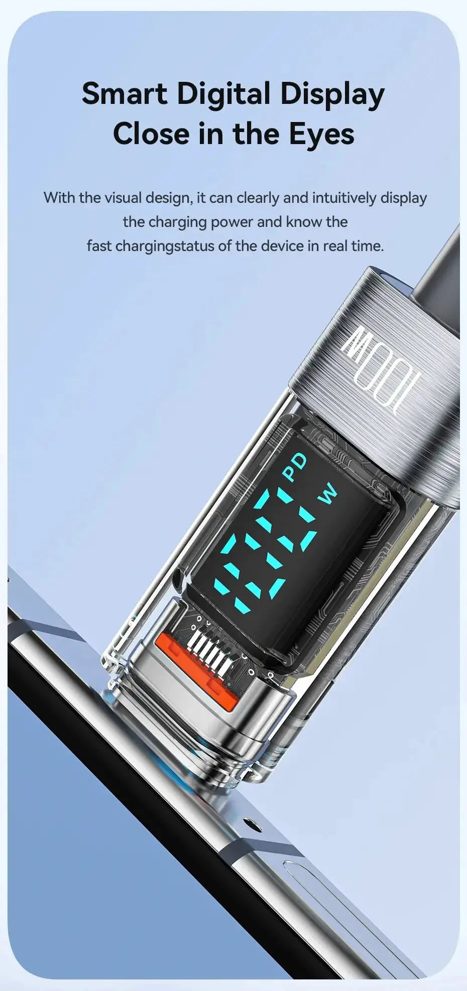 Toocki USB-C to USB-C cable, 100W PD with transparent housing and display