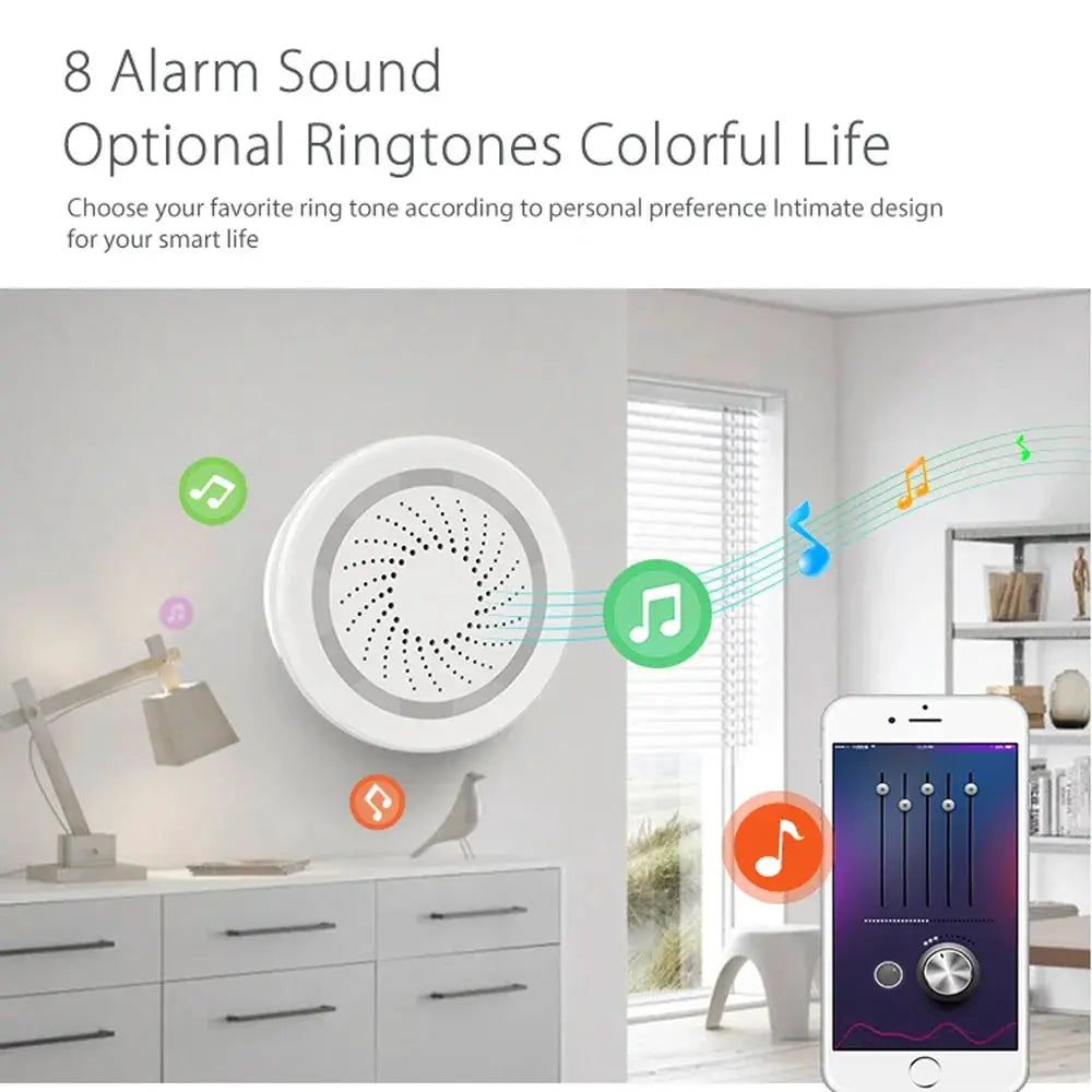 Smart Tuya Wifi Siren Alarm with Temperature Humidity Sensor by Simples Market, white wall-mounted device with mobile app control